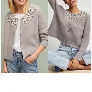 Anthro Moth Taupe gray pearl embellished sweater sz S